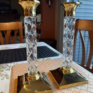 Pair of Waterford Crystal and Brass Cambridge Candle Holders  11"